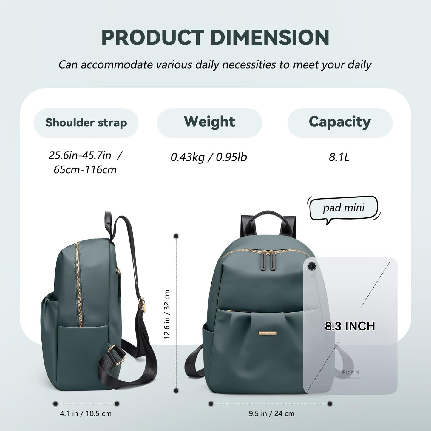 GOLF QUALITY Small Backpack for Women, Cute Backpack Casual Work Daypack Purse for College Travel, fit 9.7 Inch, Dark Green