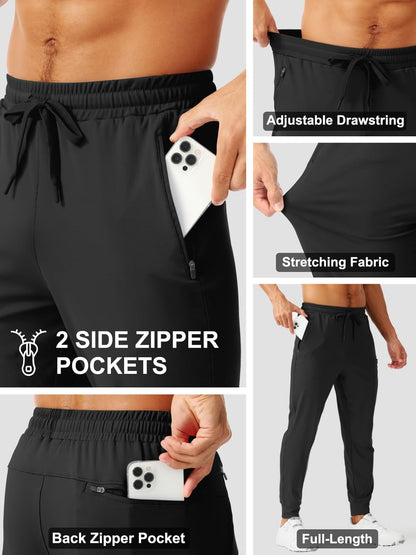Aolesy Men's Joggers with Zipper Pockets Lightweight Gym Athletic Pants for Men Stretch Slim Track Sweatpants for Workout Running Black