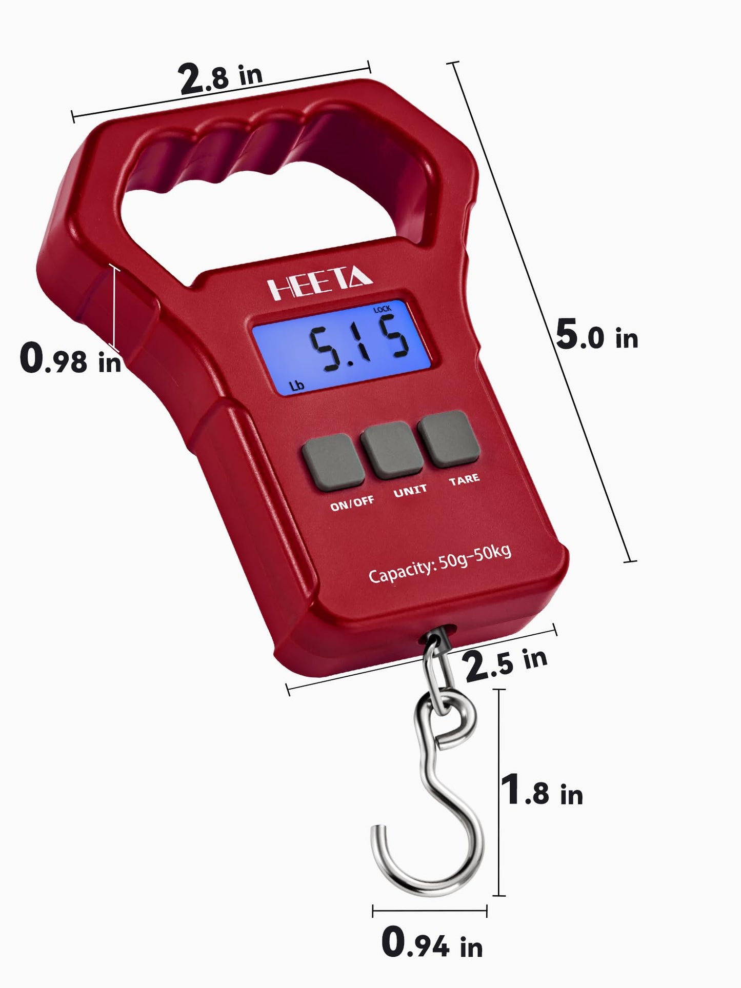 HEETA Fish Scale, 110lb/50kg Digital Portable Hanging Fishing Weight Scale with Backlit LCD Display, Luggage Scale with Non-Slip Large ABS Handle & 2 AAA Batteries, Fishing Gifts Gear for Men, Red