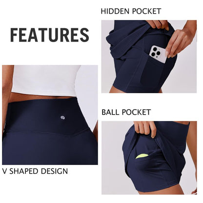 PINSPARK Women's High Waisted Tennis Skirts Tummy Control Golf Skorts Skirts for Women with Shorts Pockets, Navy Blue Medium