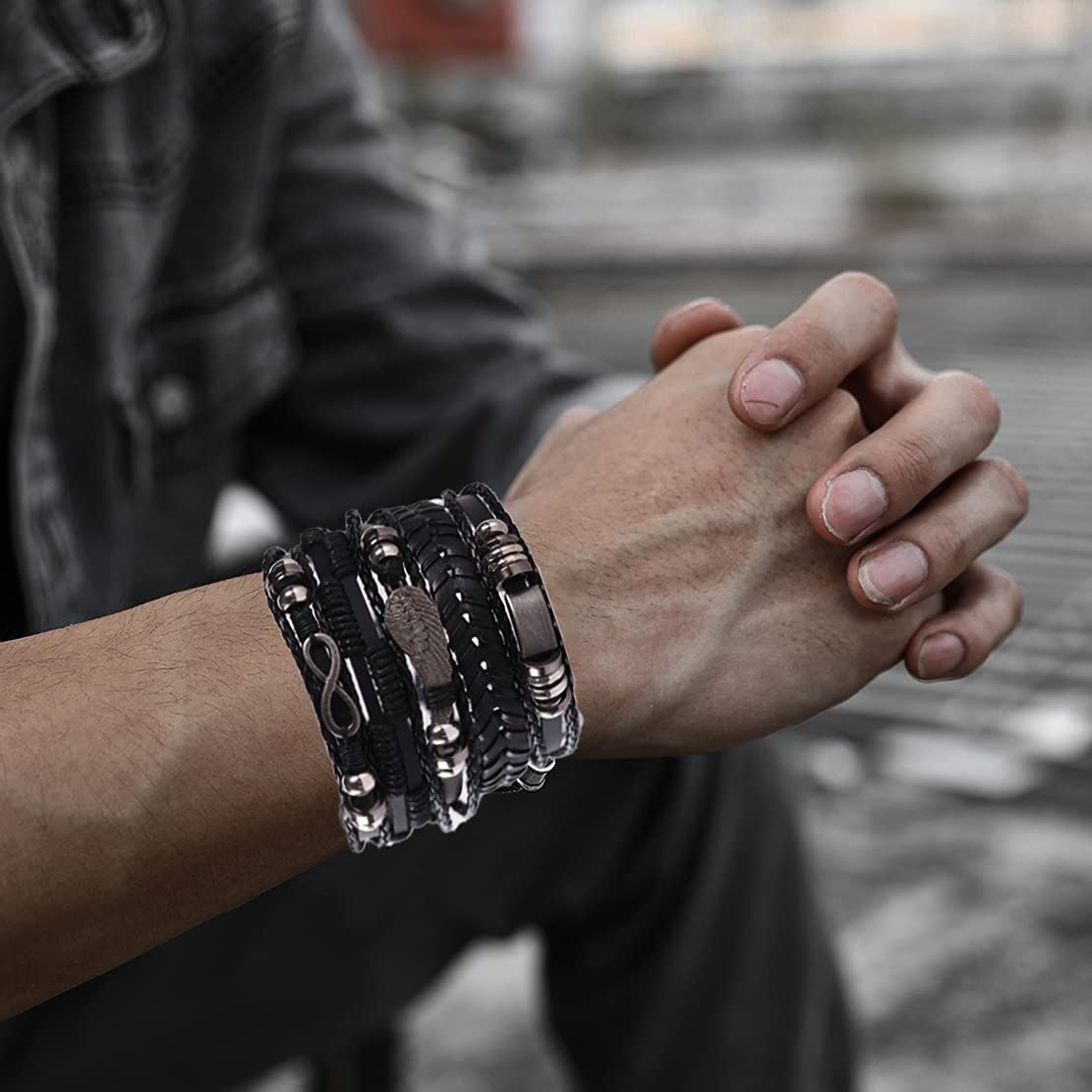 WAINIS 6 Pack Mens Black Leather Bracelets Set for Men Stackable Braided Cuff Bracelet Tribal Punk Rock Handmade Wristband