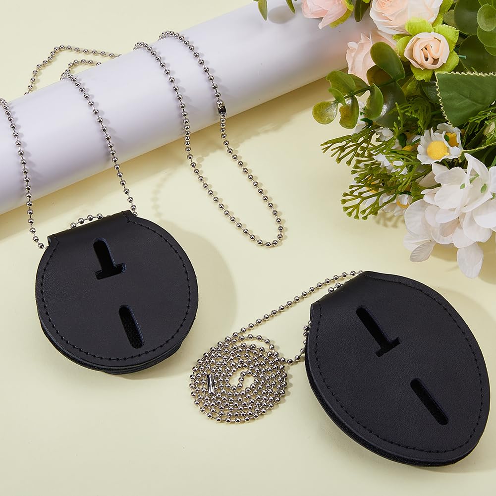 Hobbspring Police Badge Holder Flat Round and Oval Security Badge Holder Leather Universal Badge Holders with Belt Clip and Iron Chain Leather for Law Enforcement Officer