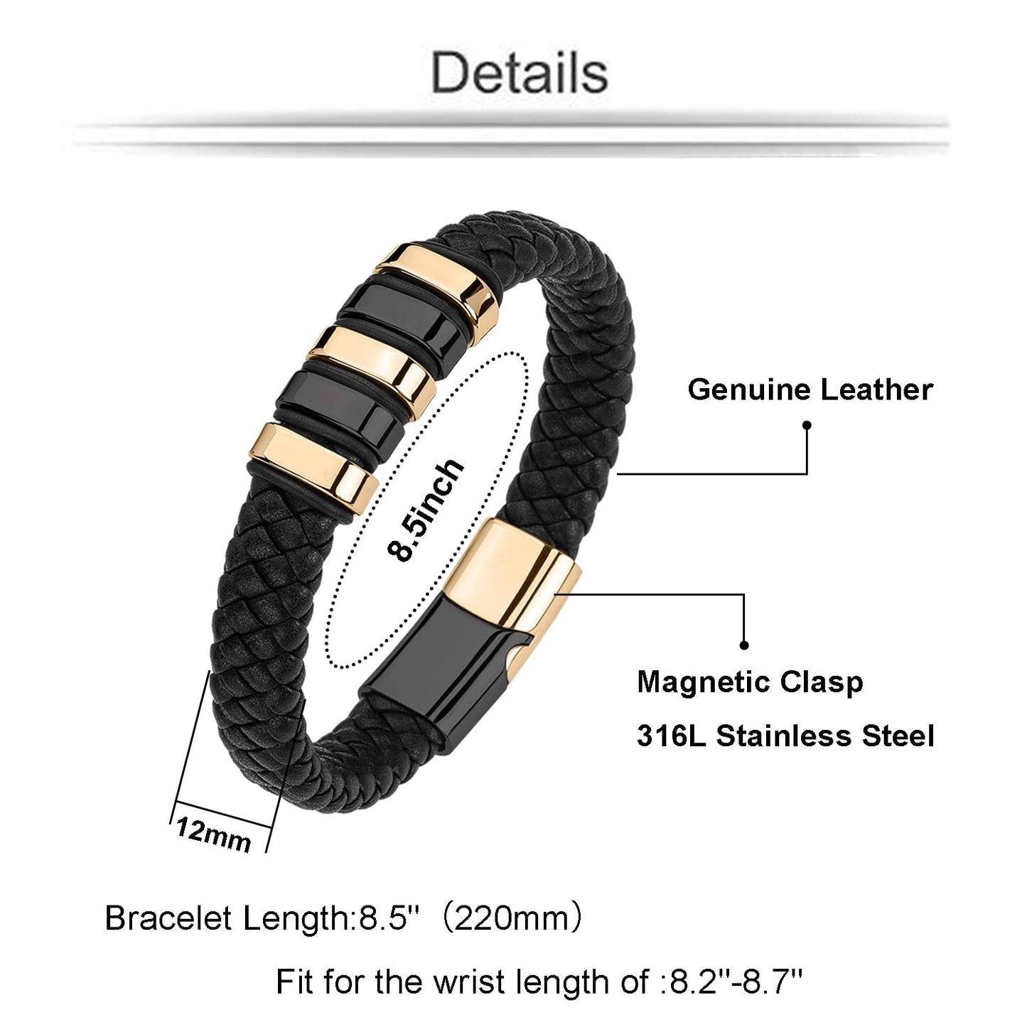 LJWVX Mens Black Leather Bracelets, Braided Leather Wristband CuffBracelet for Men, Gift for Dad