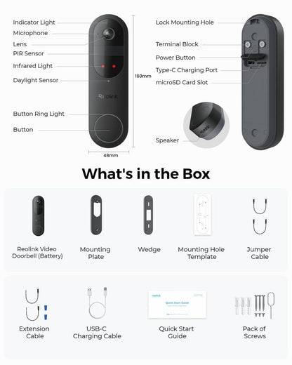 REOLINK 2K Battery Video Doorbell Camera, 150°x150° Head-to-Toe View, 2.4/5 GHz WiFi, Local Storage, No Monthly Fee, Two-Way Talk, Person/Vehicle/Package Detection(Chime not Included)