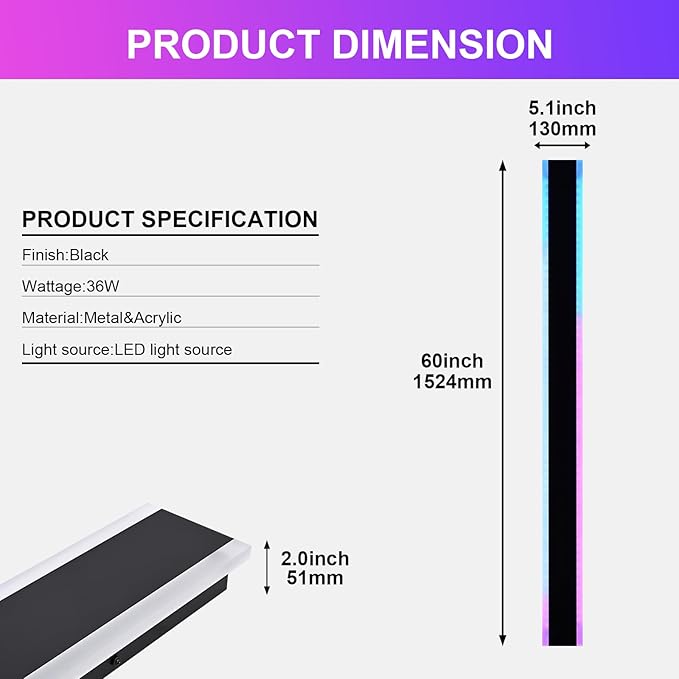 2 Pack RGB Outdoor Led Wall Light for House,60 inch Modern Long Outdoor Wall Lights,Dimmable Large Outside Linear Light Fixture,Exterior Long Linear Light for Porch,Patio,Garage,Enterway