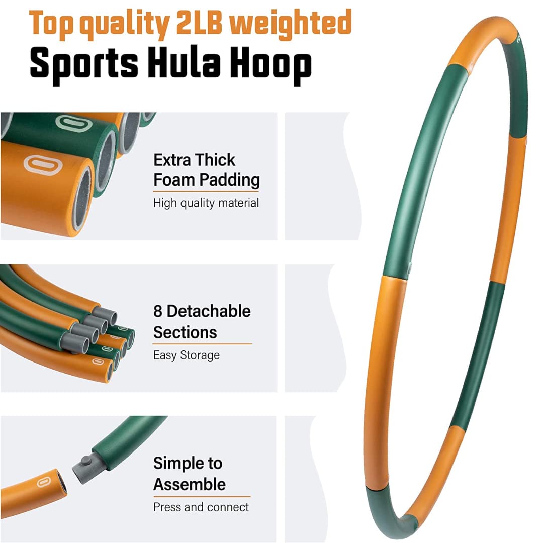 Ryno Tuff 2lb Weighted Hula Hoop for Adults with Thick Foam Padding, Bag & Jump Rope - 8 Section Weighted Fitness Hoop - Exercise Equipment for Home Gym Workouts to Burn Calories & Strengthen Muscles