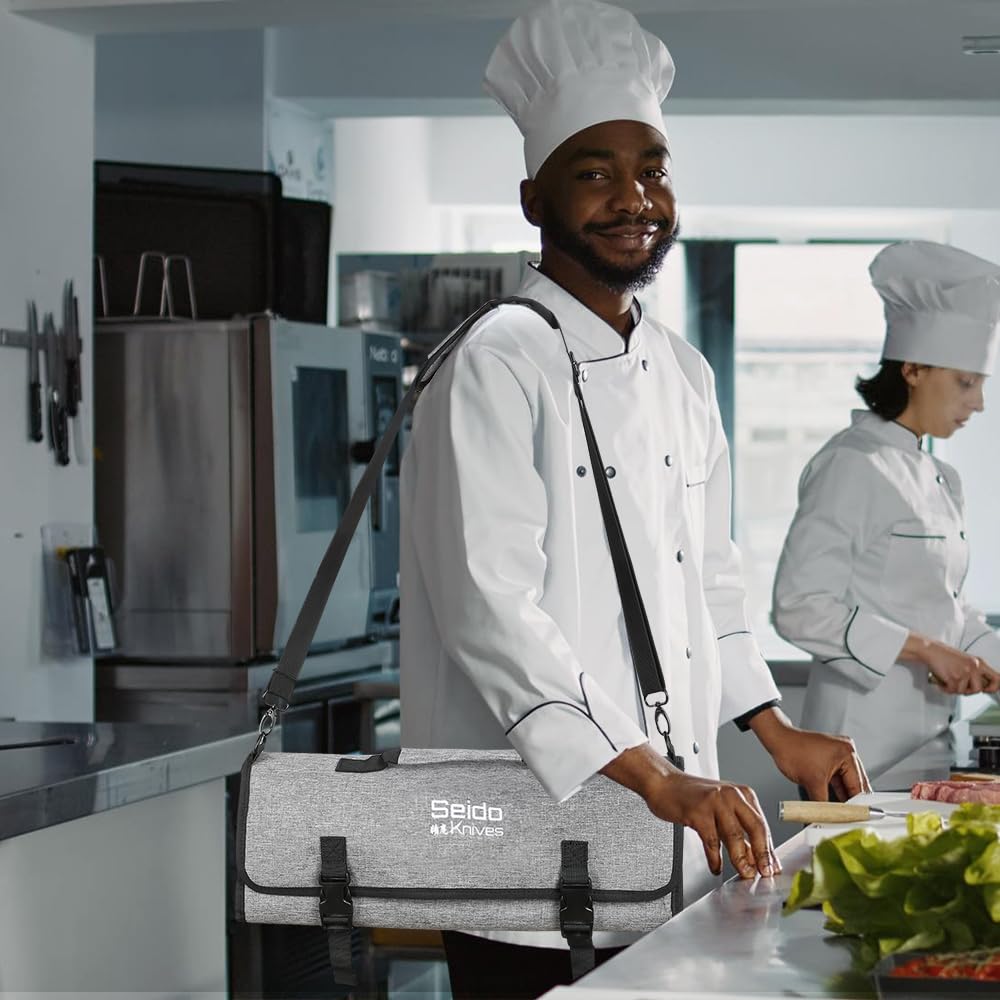 Seido Knives Chef's Knife Roll Bag (16 Slots), Waterproof Knife Storage Bag, Roll-up Knife Bag, Portable Knife Carrier, Travel Knife Bag | Culinary Knife Case for Chefs & Students