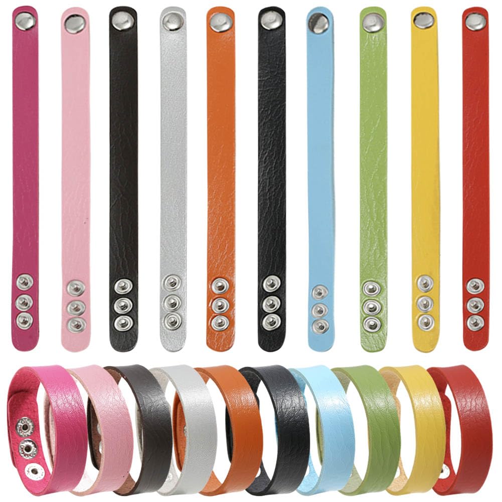 KABAKE 20 Pack Faux Leather Bracelet Blank Snap Bracelets Colorful Adjustable Plain PU-Leather Wrist Cuffs for Men Women DIY Craft Wristbands