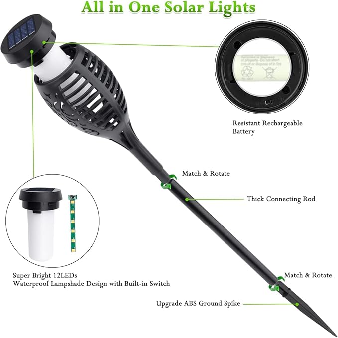 Outdoor Solar Lights, 6Pack Solar Torch Light with Flickering Flame, Garden Lights Waterproof for Halloween Decor, Tiki Torches for Outside, Luces Solares para Exteriores Pathway Yard Garden Decor