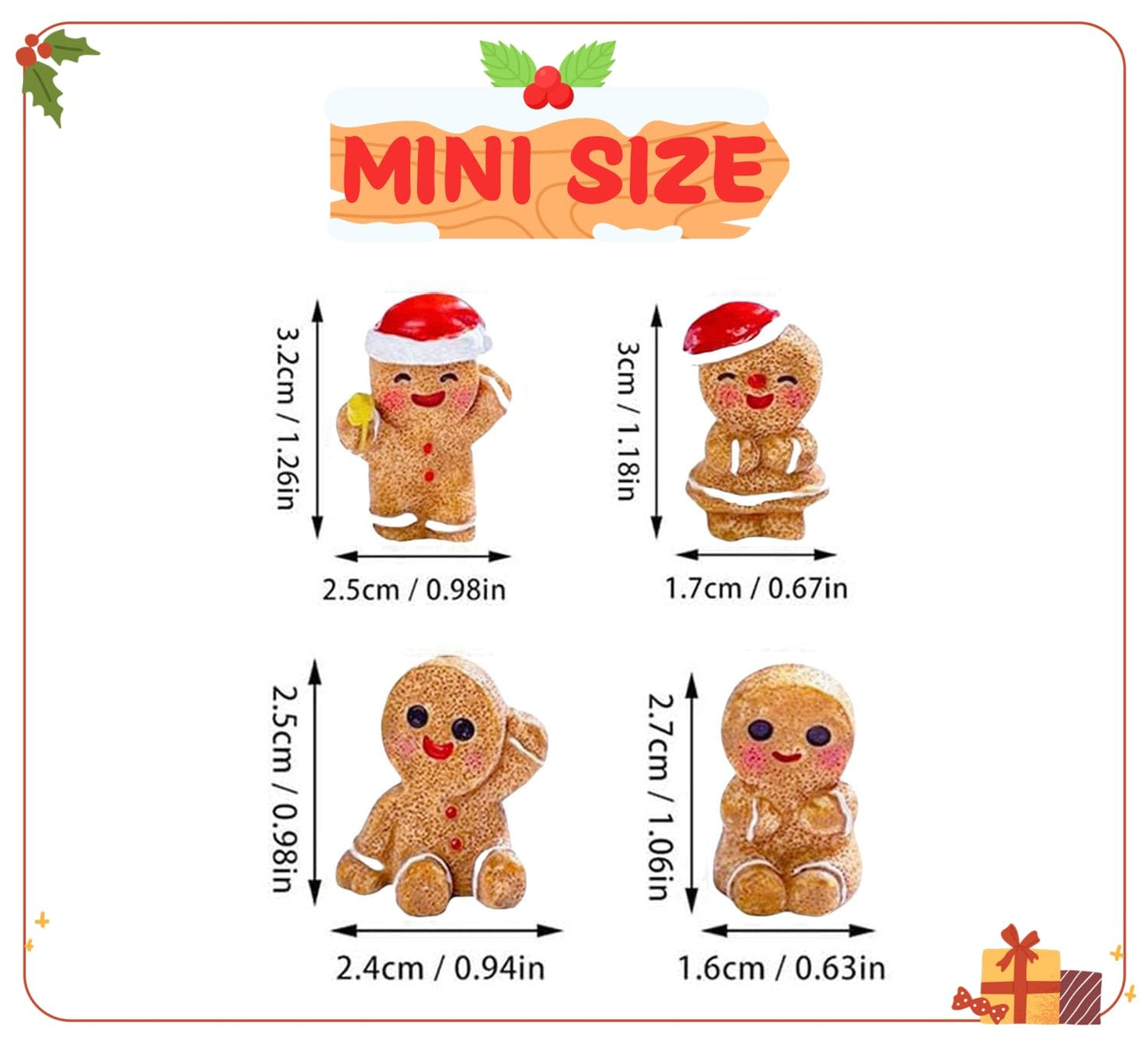 TIM CHESS 48PCS Mini Gingerbread Men Figurines in Resin, 4 Styles Mini Christmas Gingerbread Ornaments Statues, Miniature Figurines for DIY Crafts Indoor Outdoor Xmas Decorations Party Favors
