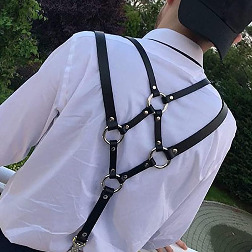 Mens Black Leather Armors Suspenders Shoulder Strap Body Chest Harness Chain Belt Adjustable Gay Punk Clubwear Costume