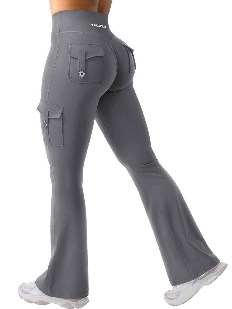 YEOREO CoreFlex Women Workout Flare Leggings with Pockets Hidden Scrunch High Waisted Cargo Gym Yoga No Front Seam Leggings Grey XS