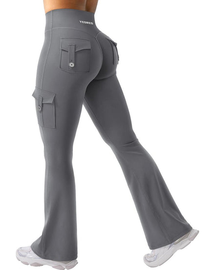 YEOREO CoreFlex Women Workout Flare Leggings with Pockets Hidden Scrunch High Waisted Cargo Gym Yoga No Front Seam Leggings Grey XS