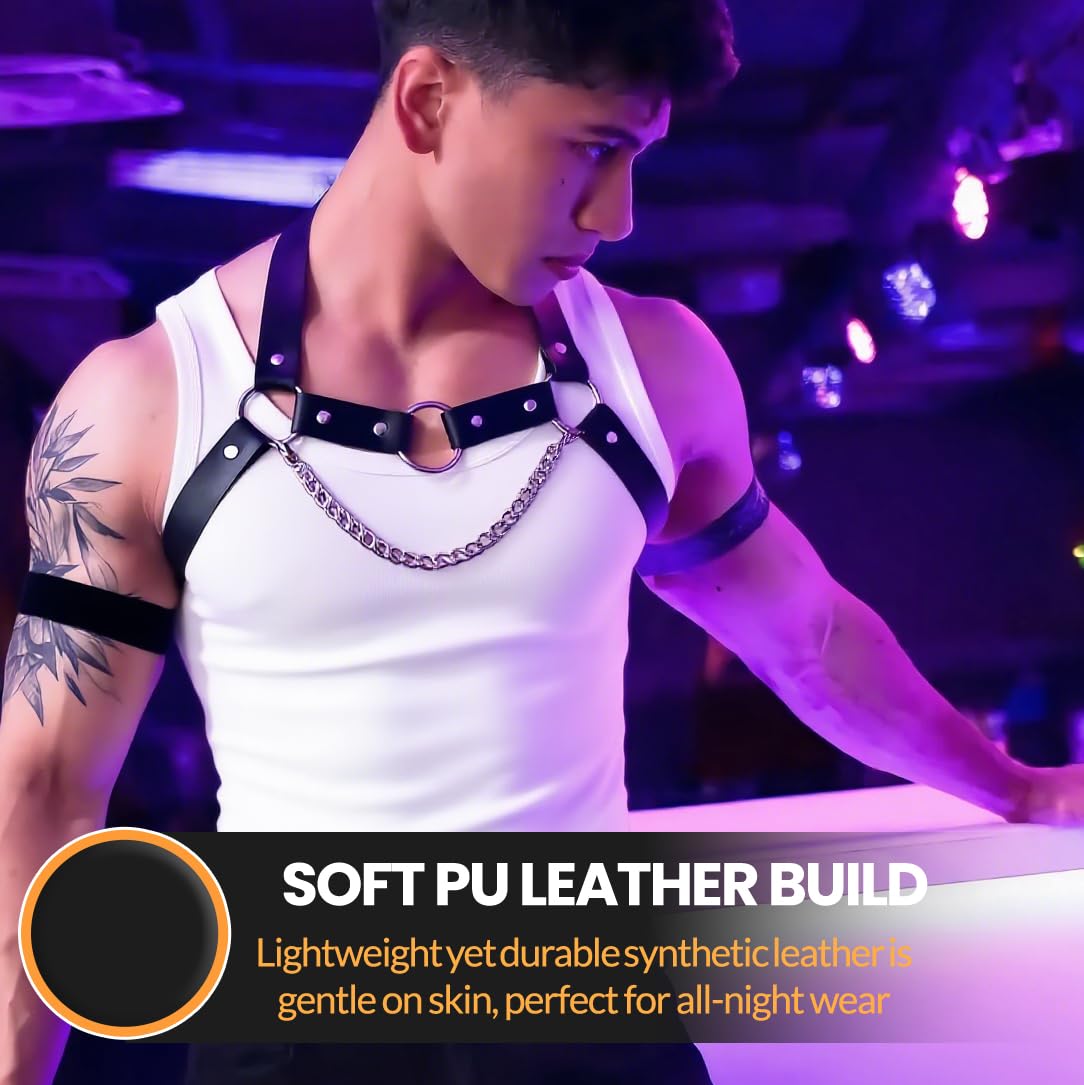 Men's PU Leather Chest Harness Belt with Chain, Adjustable Neck Harness Belt for Men, Male Punk Chest Shoulder Harness for Punk Cosplay, Muscle Show Clubwear Nightclub Stage Party Outfits X025