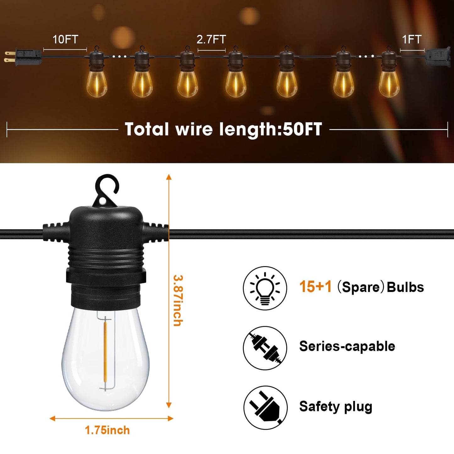 GvvooHome 50FT LED Outdoor String Lights with 17 Shatterproof Waterproof S14 Replaceable Bulbs(2 Spare), 2700K Commercial Grade Patio Lights, Outside Hanging Light for Yard Garden Porch Deck Decor