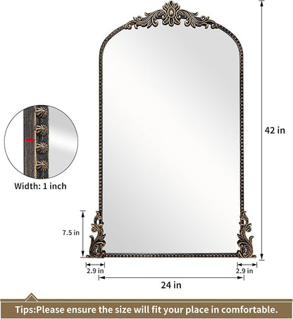 Growsun Vintage Black Arched Mirror, 24’’x42’’ Antique Baroque Ornate Wall Mirror Decor with Full Metal Frame for Fireplace/Entryway/Living Room/Bathroom