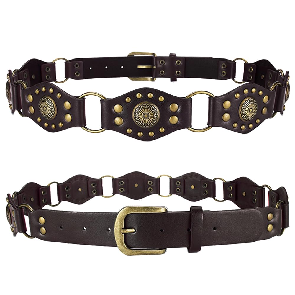 JFYSJH Brown Western Belts for Women Cowgirl Y2K Studded Leather Concho Chain Belt Wide Boho Disc Vintage Country Belts for Dresses Jeans, Fit Waist 38" to 42"
