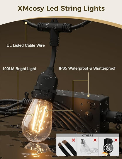 XMCOSY+ Smart Patio Lights 49Ft LED Outdoor String Lights Waterproof IP65, App Control, Compatible with Alexa, Dimmable Edison Bulbs Outdoor Light for Yard Porch Bistro Outside