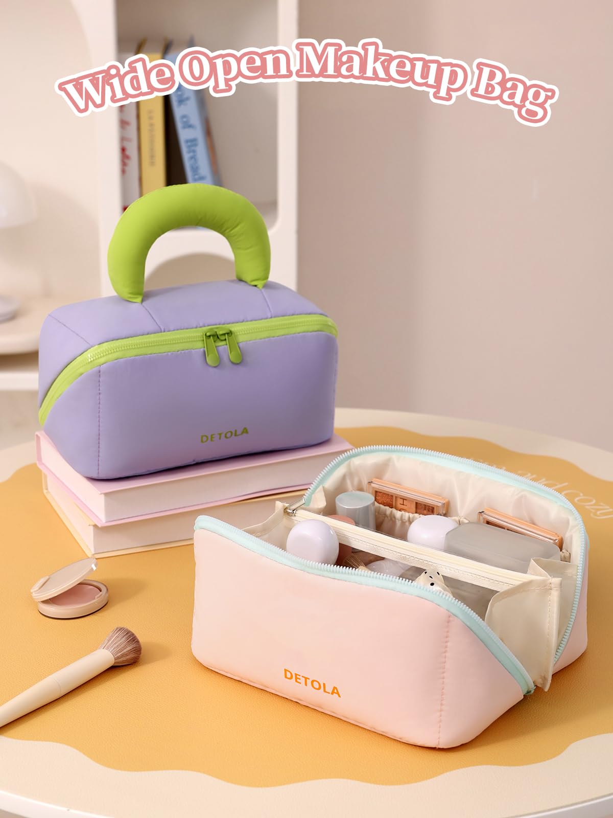 Detola Travel Makeup Bag, Cosmetic Bags for Women Lay Flat Makeup Bag with Compartments and Handle Waterproof Toiletry Bag Wide Open Portable Pouch Travel Essentials Gifts for Women, Purple