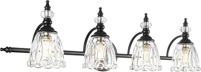 Bathroom Vanity Light, Matte Black 4 Light Vanity Lighting Fixtures, Antique Vanity Light with Flower Glass Shade, Bathroom Lighting Fixture Over Mirror, Sconces Wall Lighting for Hallway