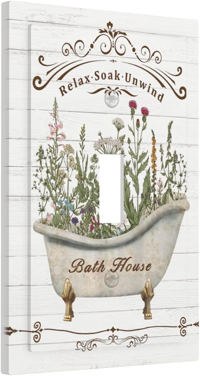 Rustic Farmhouse Wooden Board Botanical Flower Single Toggle Light Switch Plates Cover Decorative 1 Gang Wall Plate Electrica Faceplate for Bathroom Bedroom Decorate Accessories