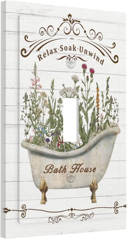 Rustic Farmhouse Wooden Board Botanical Flower Single Toggle Light Switch Plates Cover Decorative 1 Gang Wall Plate Electrica Faceplate for Bathroom Bedroom Decorate Accessories