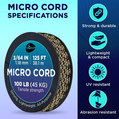 TECEUM Micro Paracord – Camo – 1.18 mm x 125 ft – Micro Utility Cord – Thin Braided Paracord Rope Nylon Polyester – Wind Chime Replacement – Survival Strong String 788c