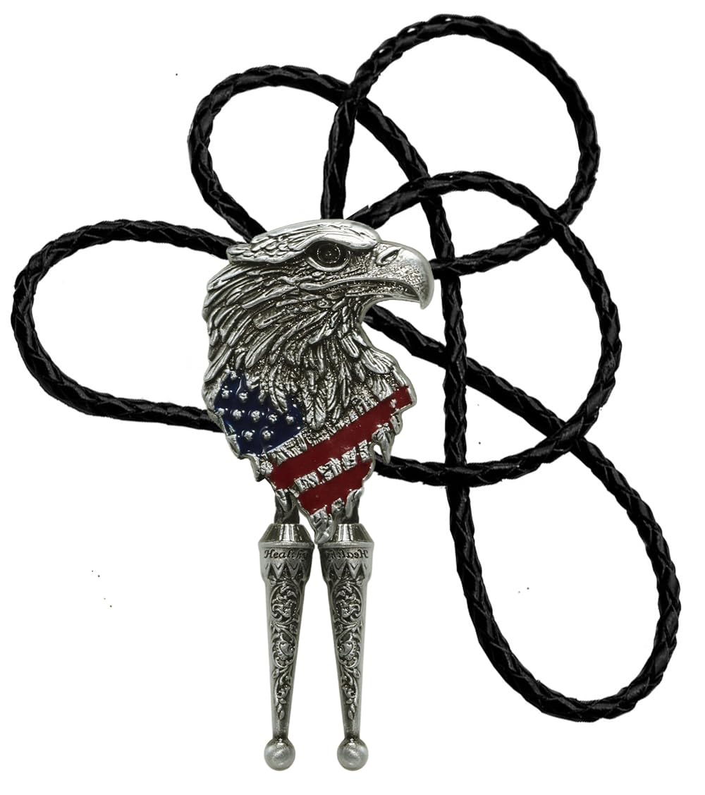 Moranse USA Pride Eagle And Americal Flag Western Bolo Tie with Cowboy Style Genuine Cowhide Rope(Silver color)