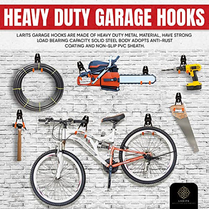 LARITS Garage Hooks for Hanging - 12 Garage Storage Hooks and 2 Cord Straps- 14-Piece Set