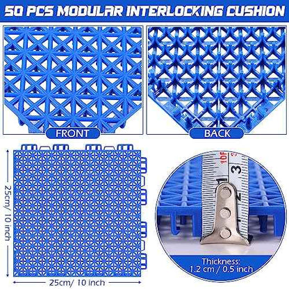 Huwena 50 Pcs Modular Interlocking Cushion Floor Tiles 10 x 10 Inch Non Slip Pool Floor Mat Blue Interlocking Rubber Draining Flooring Tiles with Hole for Drain Deck Patio Balcony Shower Kitchen