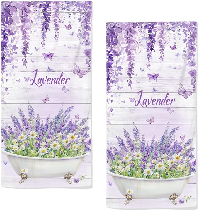 Lavender Hand Towels Set of 2 Lightweight Breathable Purple Floral Bath Towels