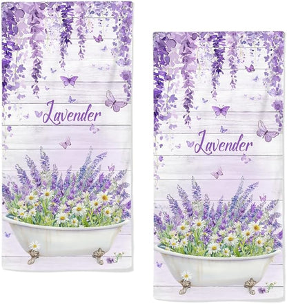 Lavender Hand Towels Set of 2 Lightweight Breathable Purple Floral Bath Towels