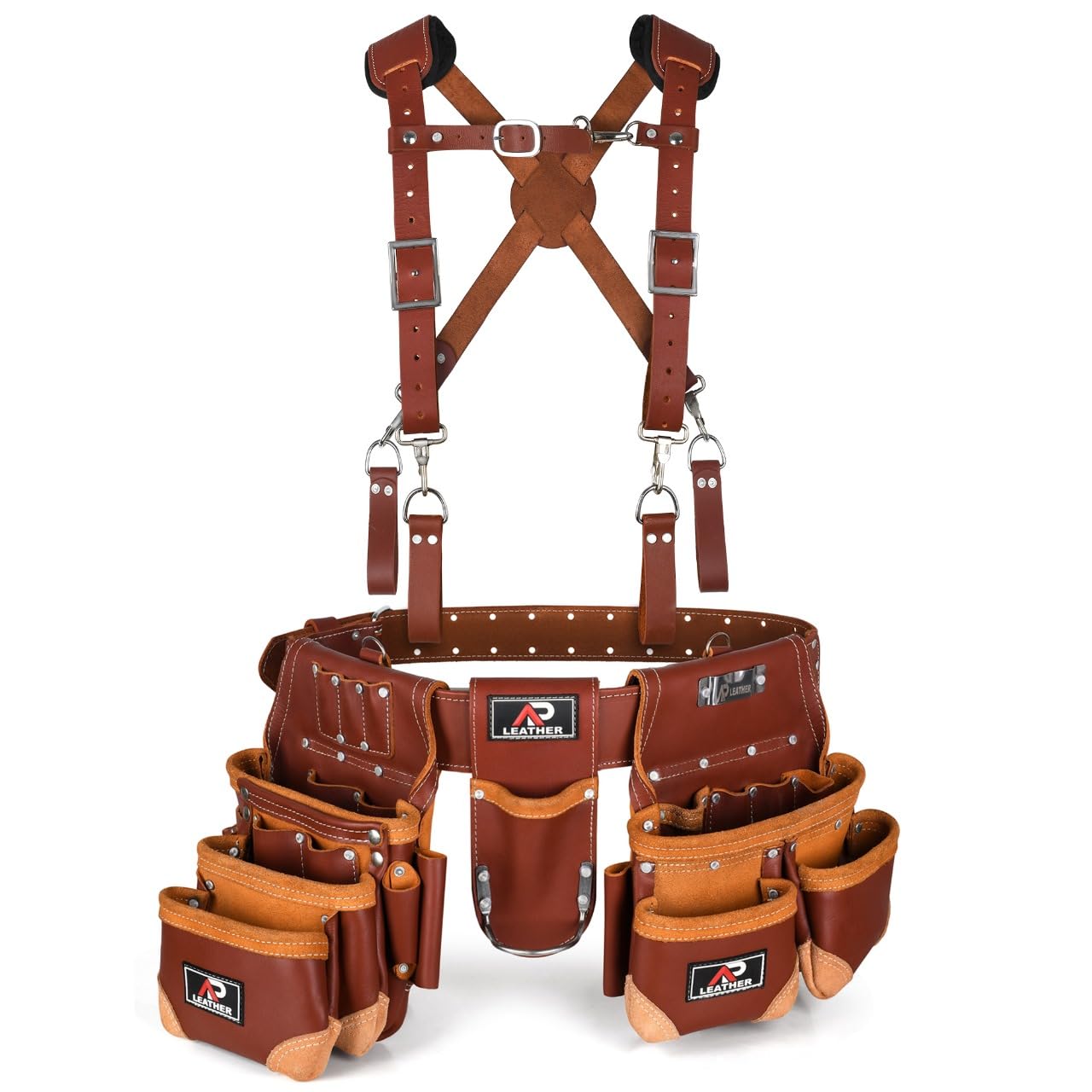 AP-LEATHER PRO-19 4MM Genuine Full Grain Leather Tool Belt for Men, tool belt with suspenders, Comfort Back Padded Support with Brass Hardware Tool Pouches With Suspenders (28 Pocket Tool Belt)
