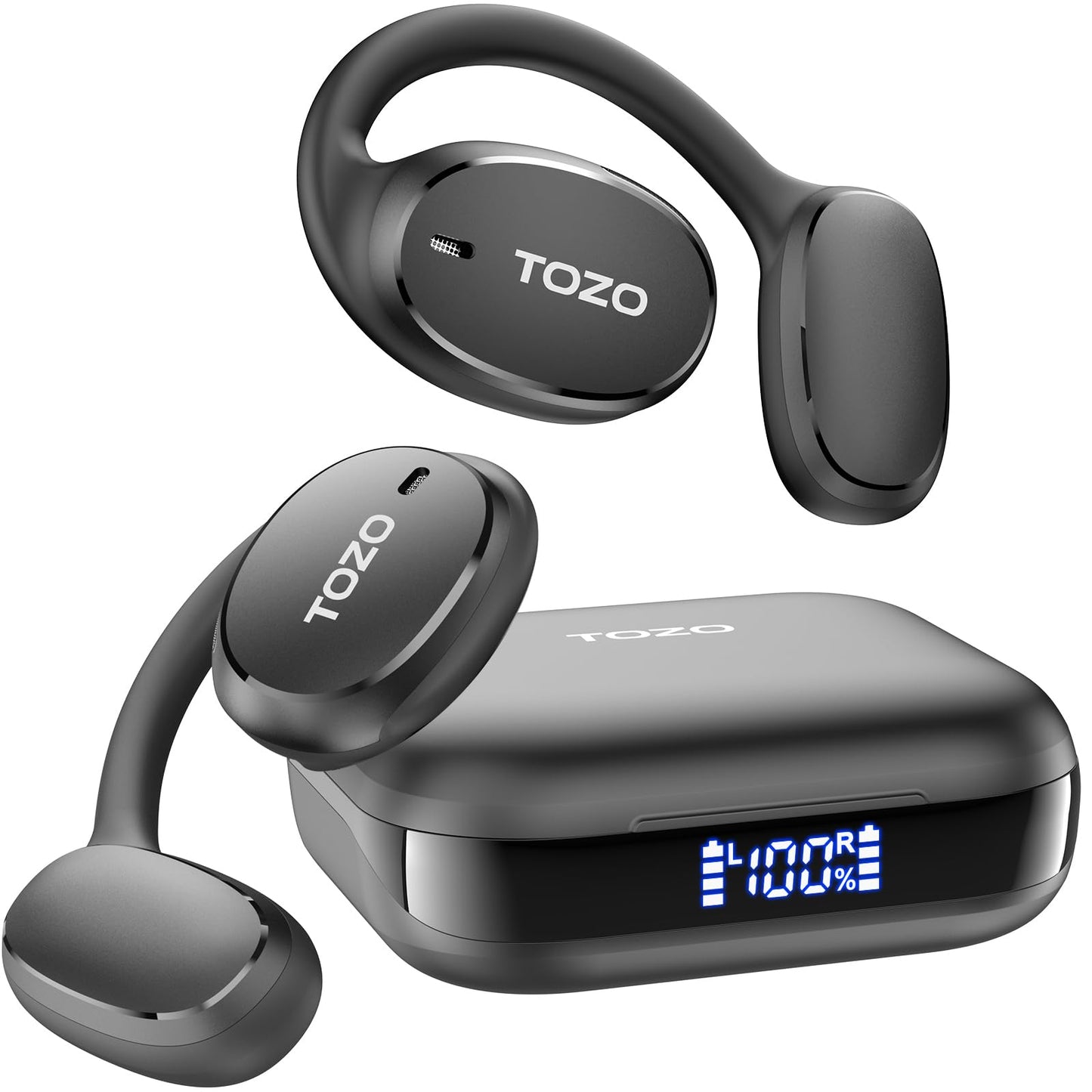TOZO OpenEgo Open Ear Earbuds Bluetooth Headphones, 5.3 Bluetooth Sport Earbuds with Earhooks for 80Hrs Playtime,32 EQ Modes, Digital Display, Clear Calls, Comfortable Wear for Running, Work, Black