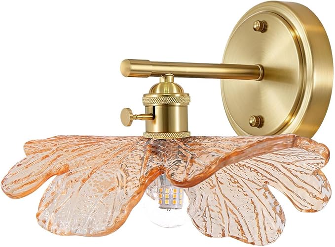 Gold Bathroom Vanity Lights Over Mirror Vintage Wall Sconces Light Wall lamp with Amber Glass Flower Shade mid Century Modern Vanity Light Bathroom Wall Sconces for Bedroom Hallway Living Room