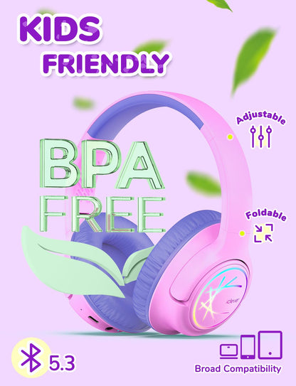 iClever Kids Bluetooth Headphones with LED Lights, BTH18 Safe Volume 74/85dBA, 43H Playtime, Bluetooth5.3 Kids Headphones Wireless Aux Cord for iPad/Tablet/Travel/School, Pink/Blue
