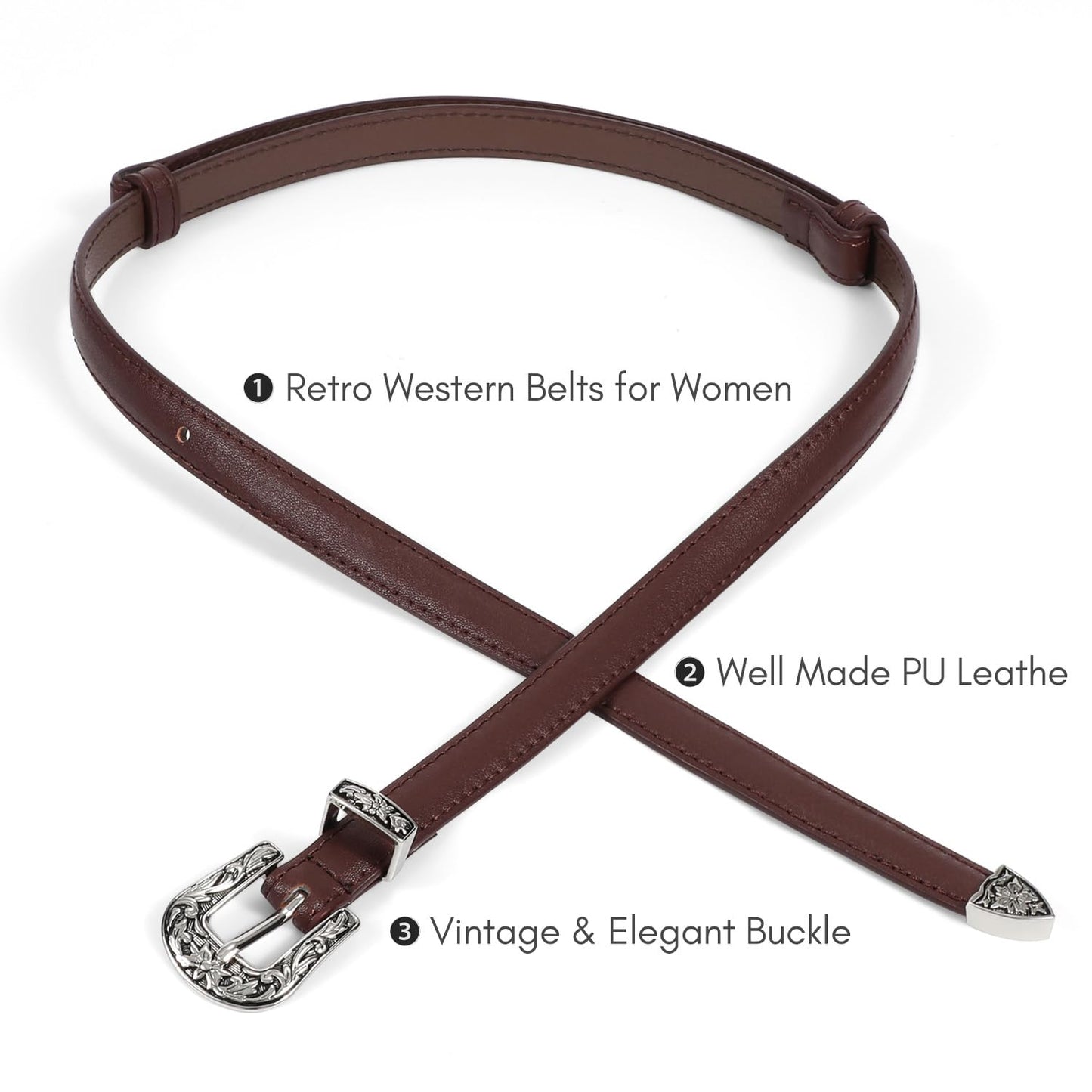 SUOSDEY Western Skinny Leather Belts for Women Adjustable Thin Waist Belt for Dresses with Vintage Buckle