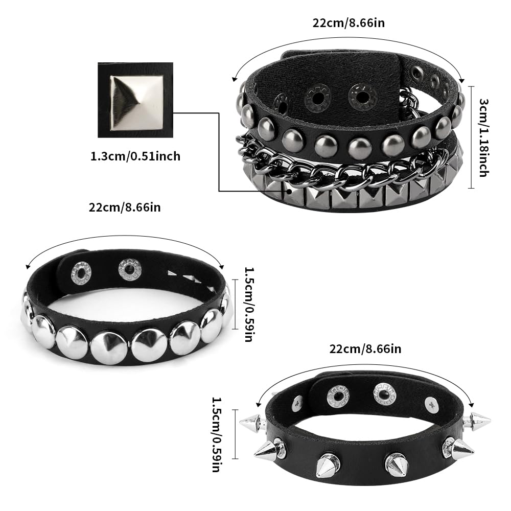 DTUIEUI Punk Set 11pcs Black Leather Cuff Bracelet, Studded, Spiked, Emo, Goth, Spike, Studded Arm Band, 80s Punk Gothic Rocker Halloween Costume Accessories