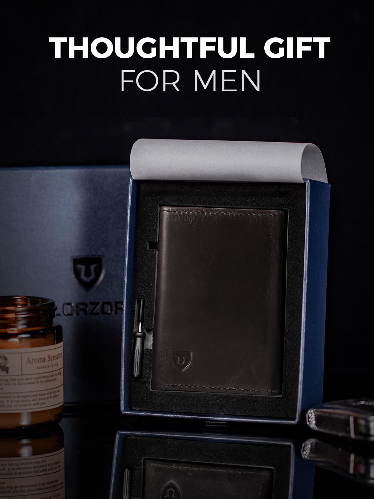 LORZOR Minimalist Wallet for Men with Credit Card Holder, Finest Full Grain Leather, Pop up Smart Wallet, Trifold Slim Wallet, RFID Blocking, Front Pocket, ID Window