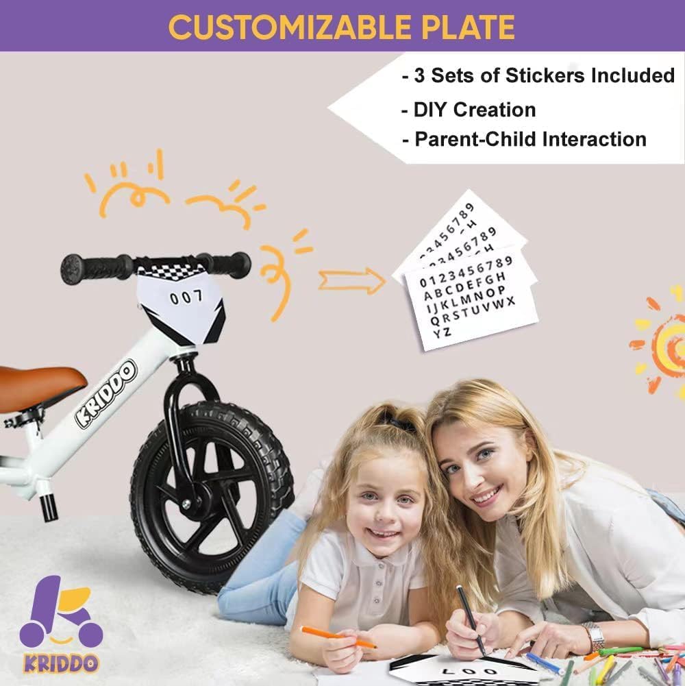KRIDDO Toddler Balance Bike 2 Year Old, Age 24 Months to 5 Years Old, 12 Inch Push Bicycle with Customize Plate (3 Sets of Stickers Included), Gift Bike for 2-3 Boys Girls, White