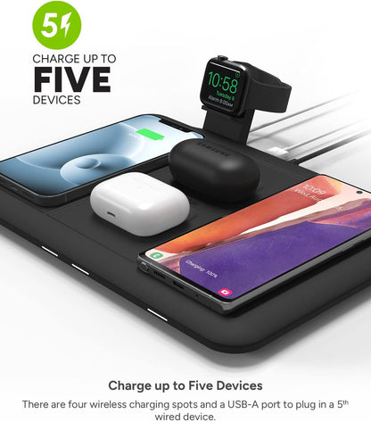 Mophie 4-in-1 Wireless Charging Mat for Apple iPhone, AirPods & Watch, Samsung Galaxy, Google Pixel, and All Qi-Enabled Devices, Additional USB-A Port, Intuitive Design, Includes Apple Watch Stand