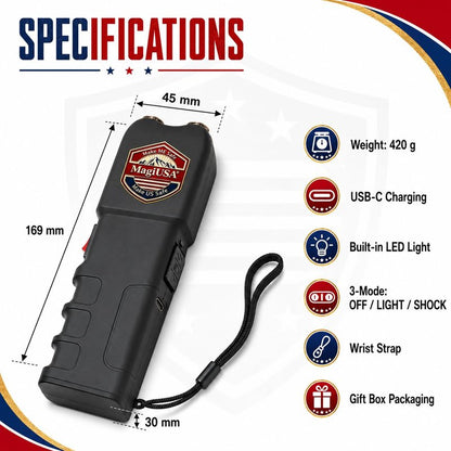 989 MagiUSA Rechargeable Stun Gun for Self Defense, LED Flashlight, Black