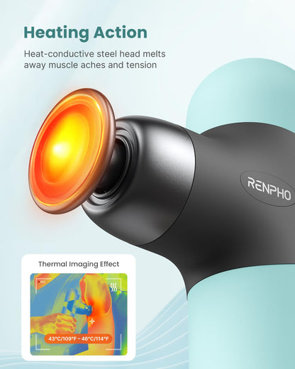 RENPHO Mini Thermal Massage Gun with Heat, Portable Deep Tissue Percussion Massager, Color Silicone Sleeves Travel Size with Carry Case, Grey