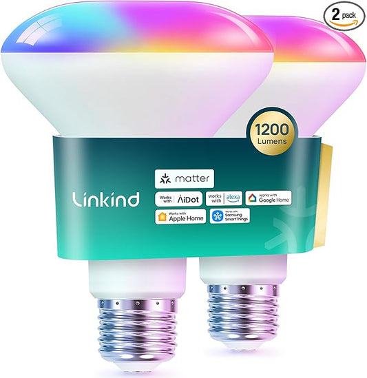 Linkind Matter Smart Light Bulb,1200LM 85W BR30 Smart Flood Light Bulbs Work with Alexa, Apple Home, Google Home, RGBTW Recessed Color Changing Bulbs E26, 2.4GHz Only WiFi Light Bulbs LED, 2Pack