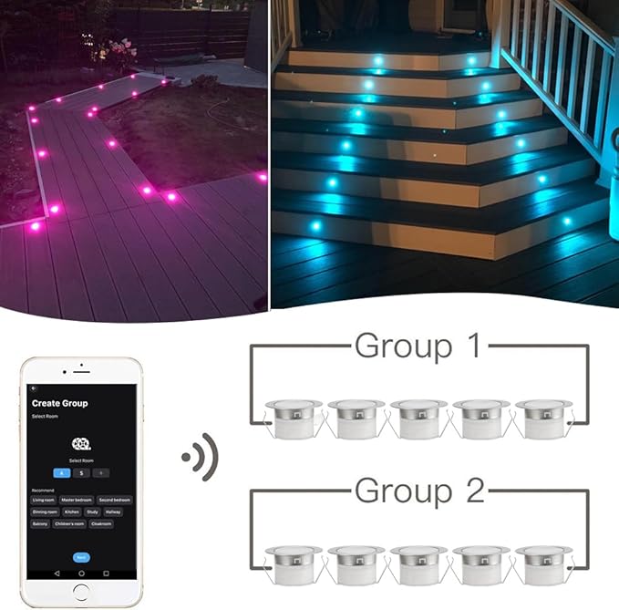 LED Deck Lights Kit, 20pcs Φ1.22 WiFi Wireless Smart Phone Control Low Voltage Recessed RGB Deck Stair Lights Waterproof Outdoor Step Yard Path Landscape Decor, Fit for Alexa, Google Home