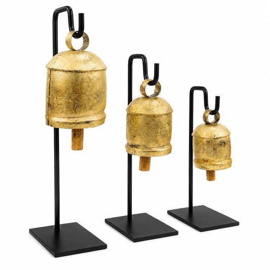 Vintage Rustic Harmony Cow Bells Christmas Decor Handmade Cylinder Bells for Decoration with Black Metal Stand Single Pack Harmony Cow Bells Christmas Hanging Bells Festive Garden Set of 3