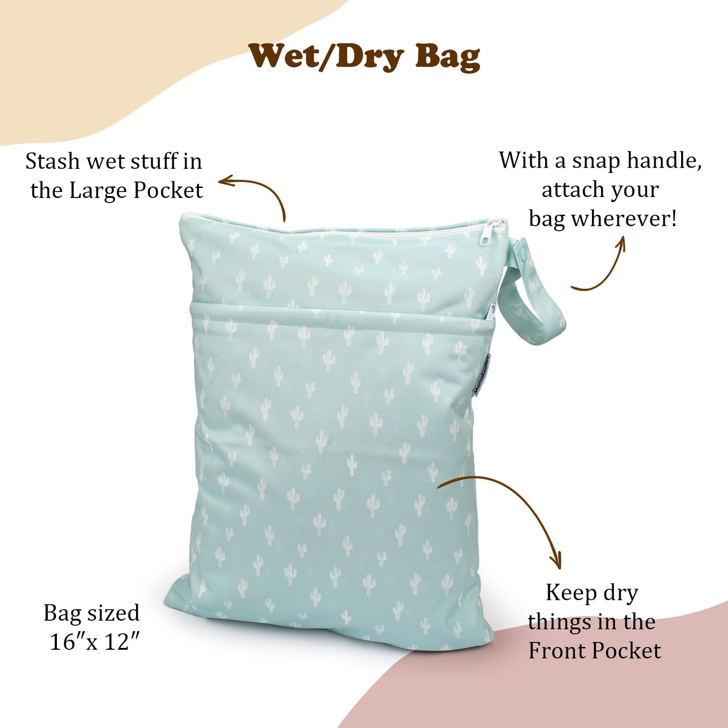 Mama Koala 2 Pack Wet Dry Bags on the Go, Swimming Pool, Beach, in Gym, Fitness Center, Natatorium, Polyester Waterproof Diaper Bag with 2 Pockets, Portable, Reusable, Machine Washable-12in/16in-017