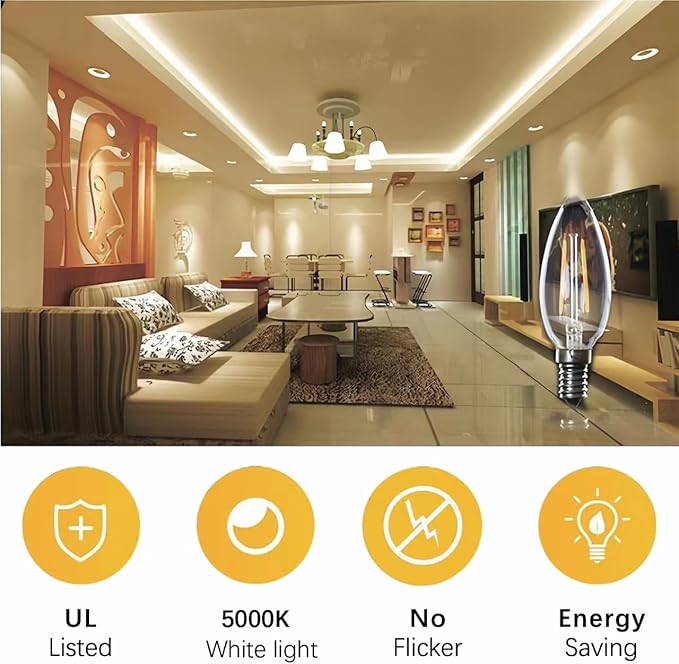 E12 LED Light Bulbs Dimmable 5000K Daylight White 4 watt 40W Equivalent Chandelier Light Bulb Filament LED Candle Bulbs,for Ceiling Fan Home,Candle Lamp,Bedroom Decor. (5000k Daylight White, 12-Pack)