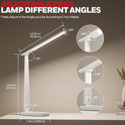 Honeywell Desk Lamp for Home Office, Dimmable LED Desk Light with USB A+C Dual Charging, 4 Modes Brightness Touch Lamp with Timer, Eye Caring Foldable Reading Light, Table Lamp for Study Nightstand