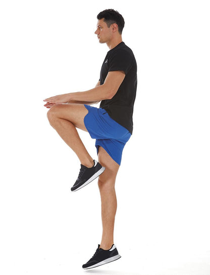 SILKWORLD Men's Workout Stretch Quick Dry Running Shorts with Zipper Pockets(Pack of 3), Steelblue, Blue, Red (Pack of 3), Large